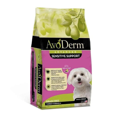 A 4lb bag of AvoDerm Grain Free LID Revolving Menu Turkey Recipe Small Breed Dry Dog Food, featuring a white dog and product details on a pink and yellow background.