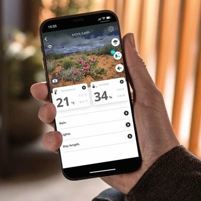 User interface of the BiOrb Earth 125 Smart Terrarium's control app on a digital device