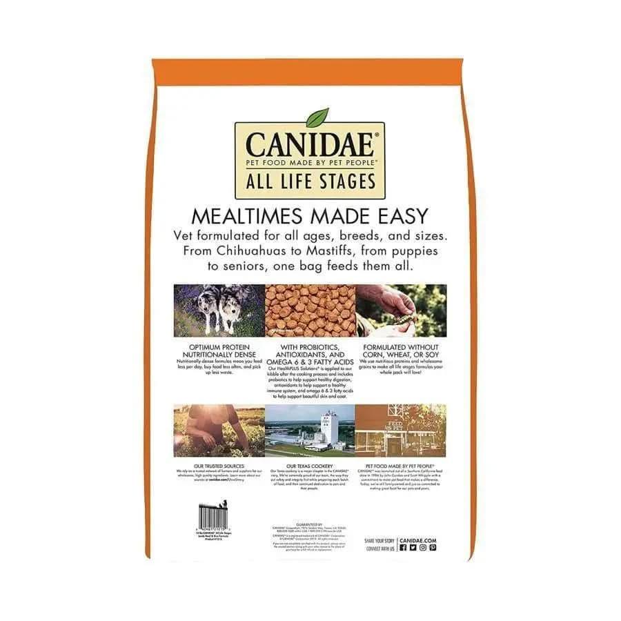 The back of a CANIDAE All Life Stages Lamb Meal & Rice Formula Dry Dog Food bag spotlights optimal protein, premium ingredients, probiotics, and no corn, wheat, or soy with details on responsibly sourced nutrition.