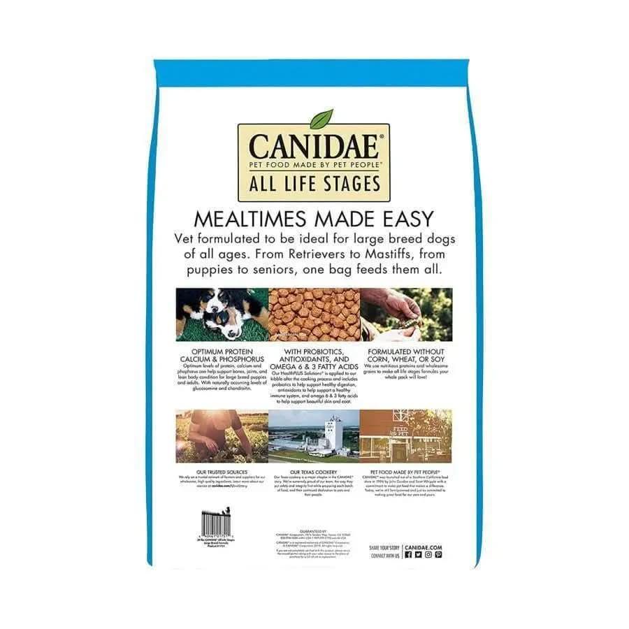 CANIDAE All Life Stages Large Breed Formula with Turkey Meal & Brown Rice dry dog food showcases dogs, kibble, and premium ingredients; highlights protein, probiotics, and no corn, wheat or soy; ideal for any age or breed.