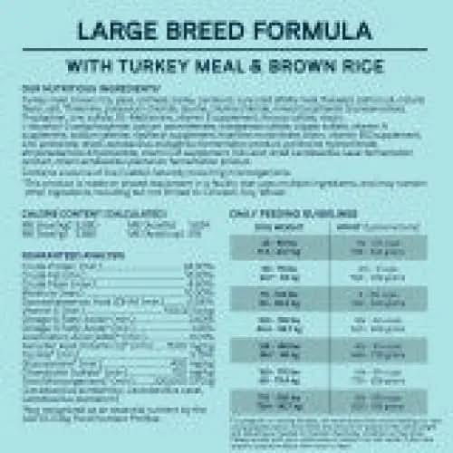Blurry CANIDAE All Life Stages Large Breed Formula with Turkey Meal & Brown Rice Dry Dog Food label displays feeding guidelines, nutrition facts, and ingredients in black text on a blue background.