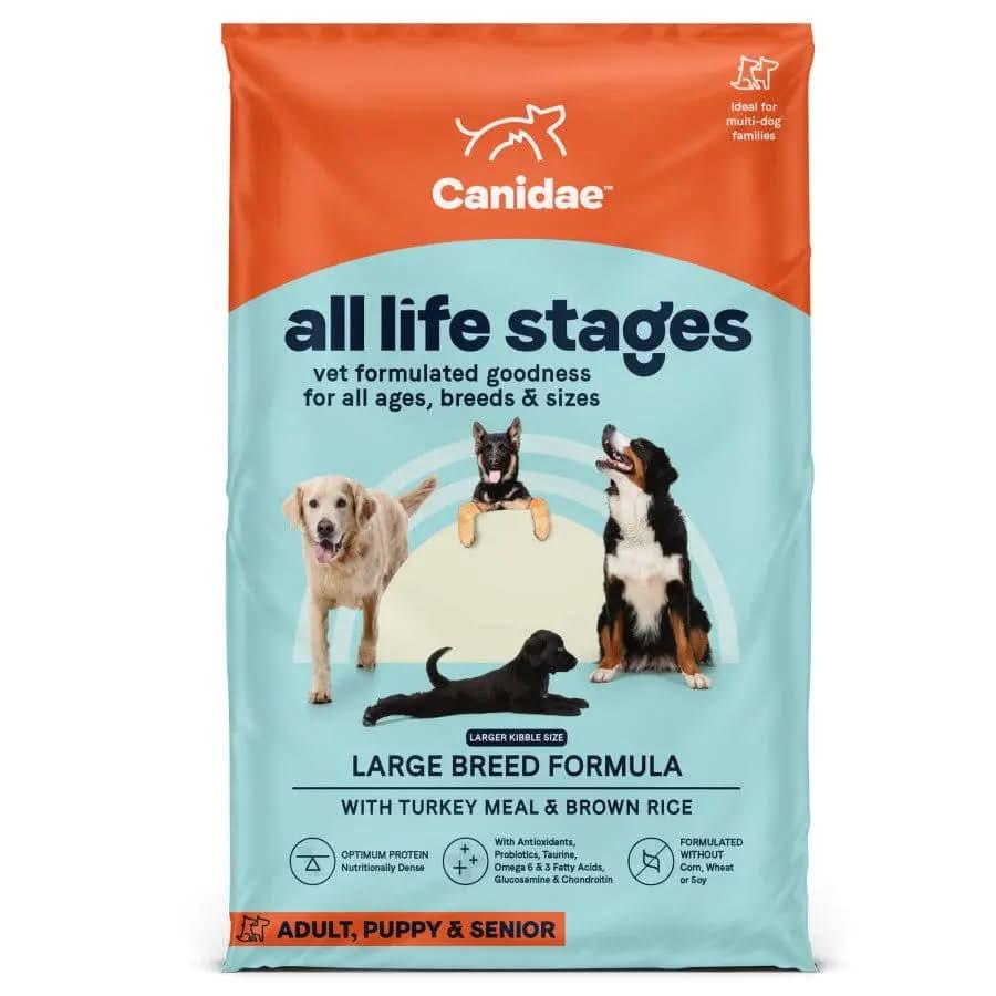 A bag of CANIDAE All Life Stages Large Breed Formula with Turkey Meal & Brown Rice Dry Dog Food featuring four dogs on the front, suitable for adult, puppy, and senior dogs, and highlighting premium turkey meal and brown rice.