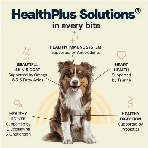 A happy dog sits in the center, surrounded by text showing CANIDAE All Life Stages Less Active Formula supports immune health (antioxidants), skin/coat (omegas), heart (taurine), joints (glucosamine/chondroitin) & digestion (probiotics).
