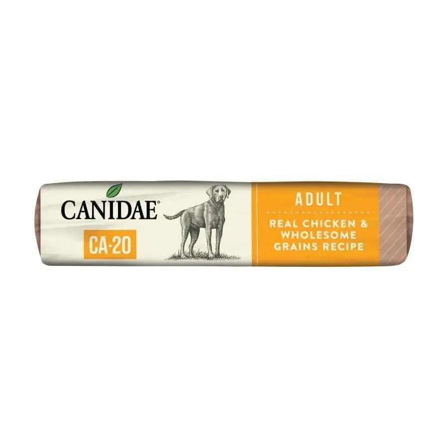 A bag of CANIDAE CA-20 Real Chicken Recipe with Wholesome Grains Dry Dog Food features a white and orange label with a dog illustration and the text Real Chicken & Wholesome Grains Recipe.