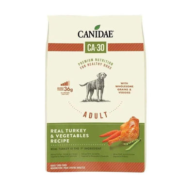 A bag of CANIDAE CA-30 Real Turkey, Peas & Carrots Recipe Dry Dog Food displays an illustration of turkey, carrots, and peas. The packaging highlights premium nutrition with wholesome grains and veggies.