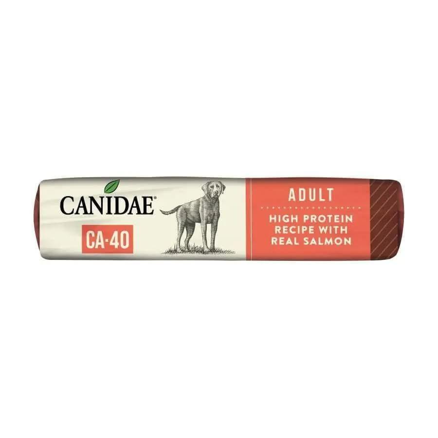 A package of CANIDAE CA-40 High Protein with Real Salmon Recipe Dry Dog Food, featuring a dog illustration and branded CANIDAE, displayed on a red and cream background.