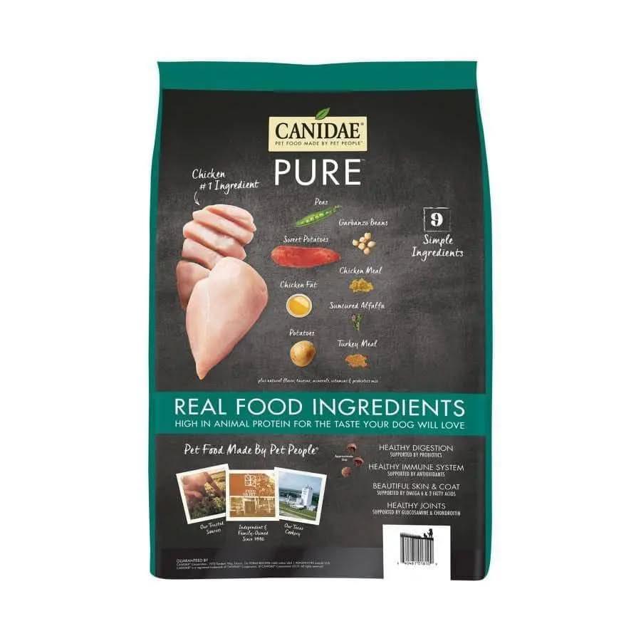 A bag of CANIDAE PURE Grain-Free Healthy Weight Real Chicken & Pea Recipe Dry Dog Food, featuring chicken and peas, highlights 9 simple ingredients for healthy digestion and skin.