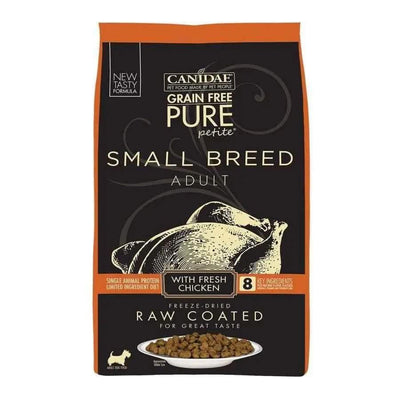 A black and orange bag of CANIDAE PURE Grain-Free Petite Small Breed Adult Raw Coated with Chicken Freeze-Dried Dry Dog Food, featuring chicken imagery and highlighting its limited ingredient recipe.
