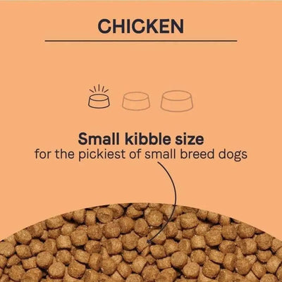 A pile of CANIDAE PURE Grain-Free Petite Small Breed Adult Raw Coated with Chicken Freeze-Dried Dry Dog Food kibble, labeled CHICKEN and Small kibble size for the pickiest small breed dogs, on an orange background with bowl icons.