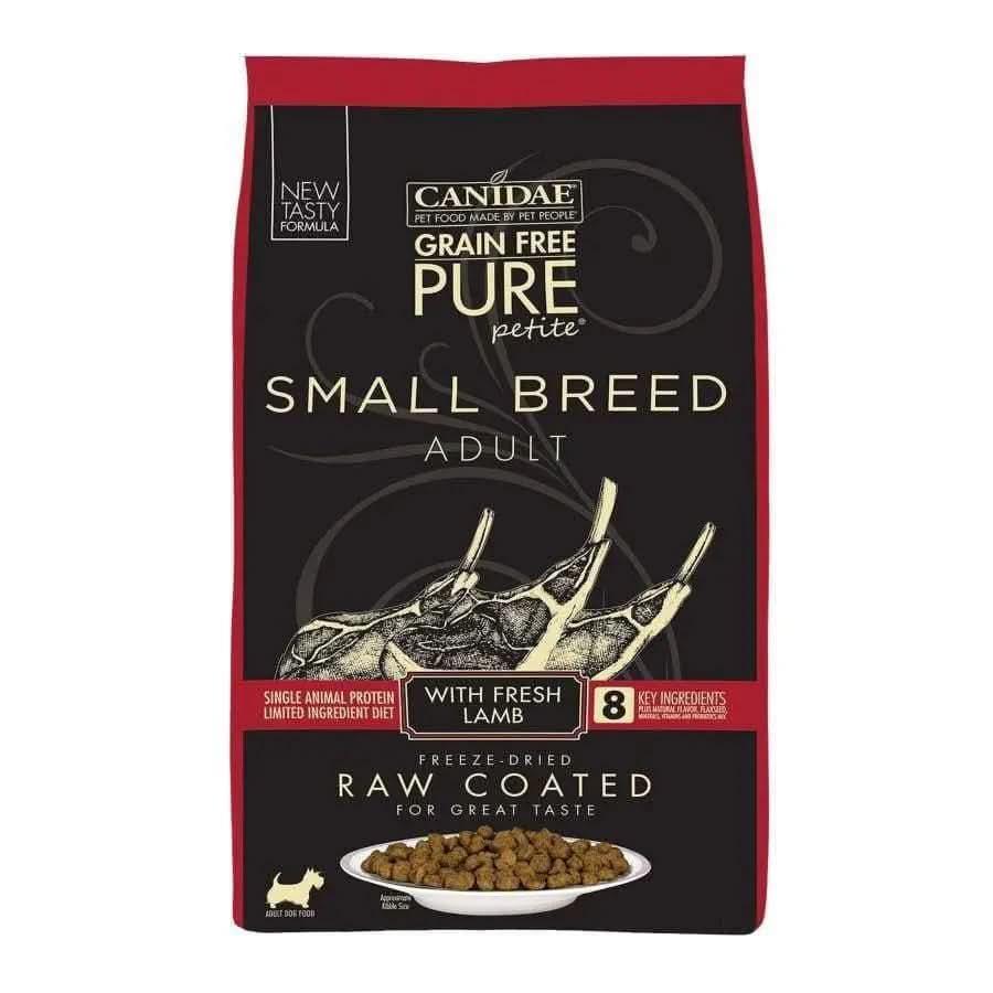 CANIDAE PURE Grain-Free Petite Small Breed Adult Raw Coated with Lamb Freeze-Dried Dry Dog Food features lamb and a freeze-dried raw coating, making it an ideal limited ingredient kibble for small breed adult dogs.