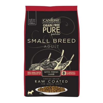 CANIDAE PURE Grain-Free Petite Small Breed Adult Raw Coated with Lamb Freeze-Dried Dry Dog Food features lamb and a freeze-dried raw coating, making it an ideal limited ingredient kibble for small breed adult dogs.