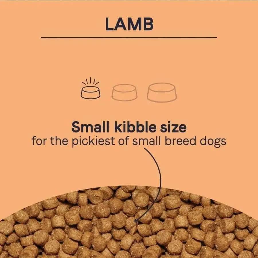 An image shows small brown kibble labeled CANIDAE PURE Grain-Free Petite Small Breed Adult Raw Coated with Lamb, ideal for picky small breed dogs. Includes a bowl illustration above the kibble.