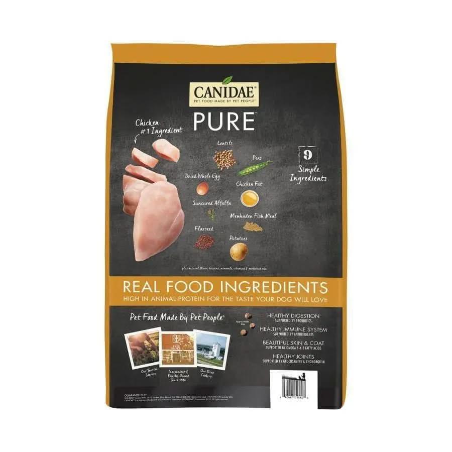 CANIDAE PURE Grain-Free Puppy Real Chicken, Lentil & Whole Egg Recipe Dry Dog Food bag features chicken, lentil, and egg images, plus text “Real Food Ingredients” and “Simple Ingredients” for healthy digestion and immune support.