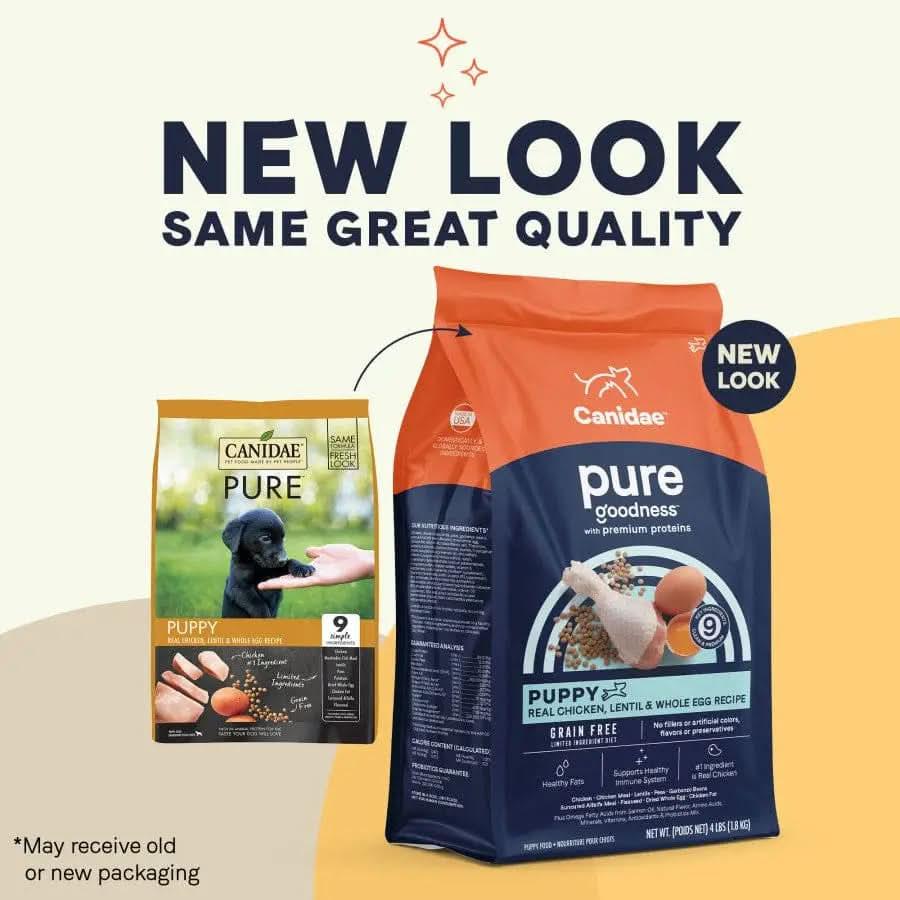 Two bags of CANIDAE PURE Grain-Free Puppy Real Chicken, Lentil & Whole Egg Recipe Dry Dog Food are shown: the old yellow bag (left) and new blue bag (right). Text says NEW LOOK, SAME GREAT QUALITY—same trusted recipe inside.