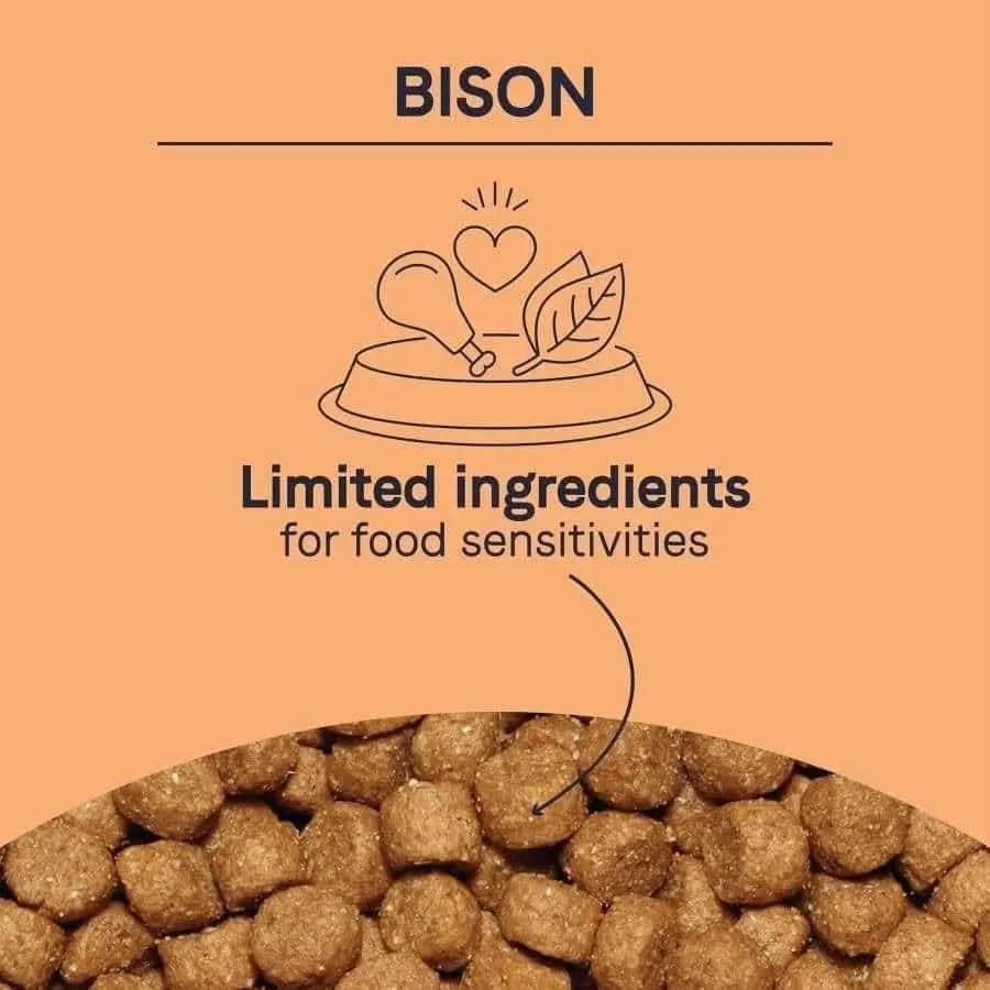 The illustration shows a bowl with a heart, leaf, and drumstick above CANIDAE. CANIDAE PURE Grain-Free Real Bison, Lentil & Carrot Recipe Dry Dog Food is ideal for sensitivities. Below is a close-up of its grain-free bison kibble.