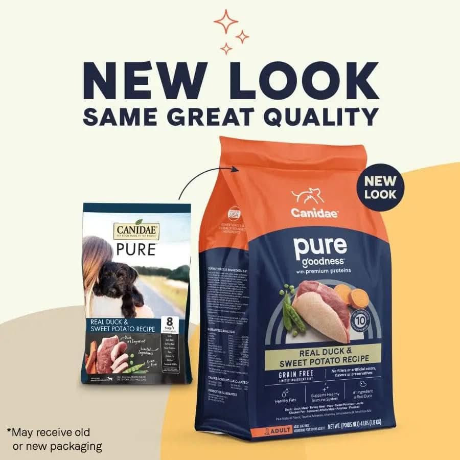 Two bags of CANIDAE PURE Grain-Free Real Duck & Sweet Potato Recipe Best Dry Dog Food Brands are shown: old packaging on the left, new look on the right. Text reads: New look, same great quality limited ingredient dog food.