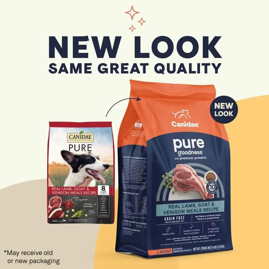 Two CANIDAE PURE Grain-Free Real Lamb, Goat & Venison Meals Recipe dry dog food bags are shown: old design with a dog image on the left, new minimalist look on the right. Text: “NEW LOOK, SAME GREAT QUALITY.”.