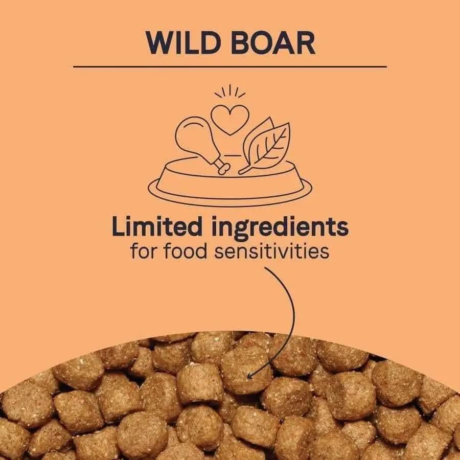 A graphic with CANIDAE at the top, an illustration of CANIDAE PURE Grain-Free Real Wild Boar & Garbanzo Bean Recipe dry dog food, text reading Limited ingredients for sensitive dogs, and a photo of brown kibble at the bottom.