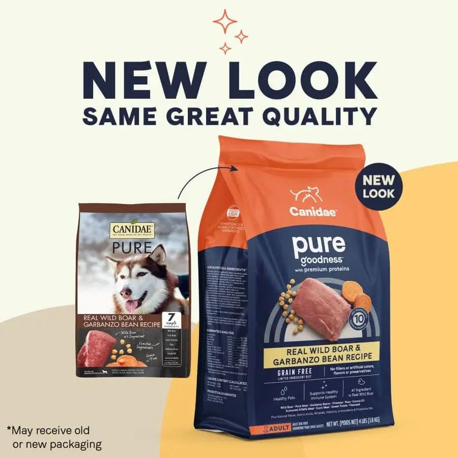 Two bags of CANIDAE PURE Grain-Free Real Wild Boar & Garbanzo Bean Recipe dry dog food are shown. The left has a husky image; the right features a new design with red meat, veggies, and highlights its limited ingredient formula.