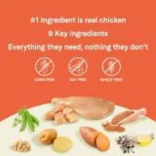 An image with text on an orange background reads: CANIDAE PURE Grain-Free Senior Dry Dog Food—real chicken is the #1 ingredient, with 8 key ingredients for a limited ingredient diet. Grain-free, soy free, pea & lentil free. Sweet potato & garbanzo beans included.