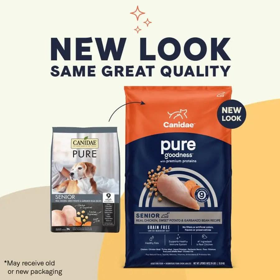 Two bags of CANIDAE PURE Grain-Free Senior Real Chicken, Sweet Potato & Garbanzo Bean Recipe Dry Dog Food are shown: old packaging on the left, new look on the right. Text: NEW LOOK SAME GREAT QUALITY. Same senior dog nutrition you trust!.