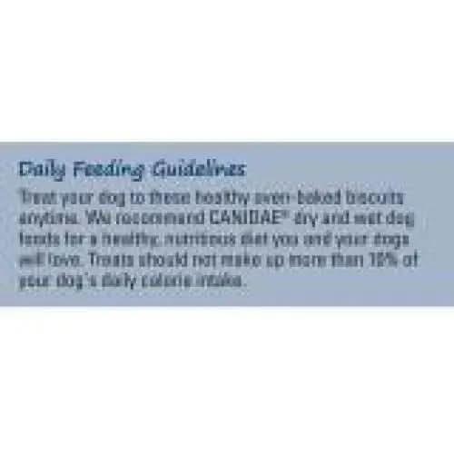A label reads: Daily Feeding Guidelines: Give your dog CANIDAE PURE Heaven Grain-Free Biscuits with Duck & Chickpeas anytime as a healthy treat. For complete nutrition, feed CANIDAE dry and wet dog foods. More tips in fine print.