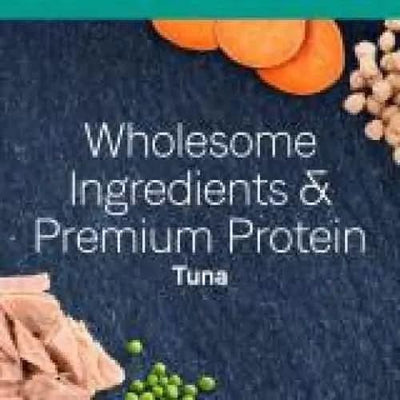 Text reads “Wholesome Ingredients & Premium Protein Tuna” on a dark background, highlighting CANIDAE PURE Ocean Indoor Formula with Tuna Limited Ingredient Dry Cat Food, surrounded by tuna chunks, carrots, chickpeas, and green peas.