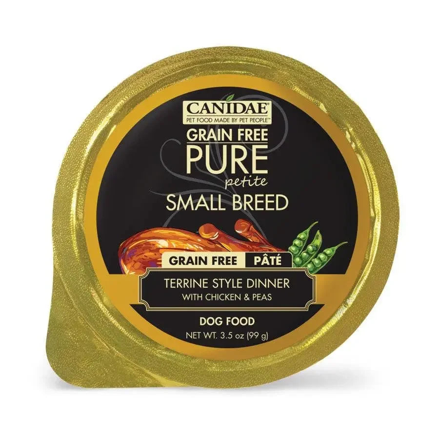 CANIDAE PURE Petite Small Breed Grain-Free Wet Dog Food comes in 3.5 oz gold-lidded containers, terrine style with chicken and peas, featuring a black label with ingredient images. Pack includes 12 single-serve trays.