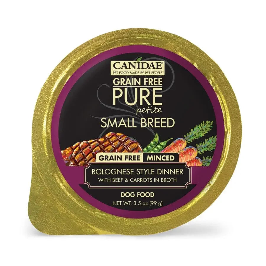 CANIDAE PURE Petite Small Breed Grain-Free Wet Dog Food, 3.5 oz, features beef and carrots in broth—ideal limited ingredient food for small dogs. Sold as 12 packs; label shows images of beef and carrots.