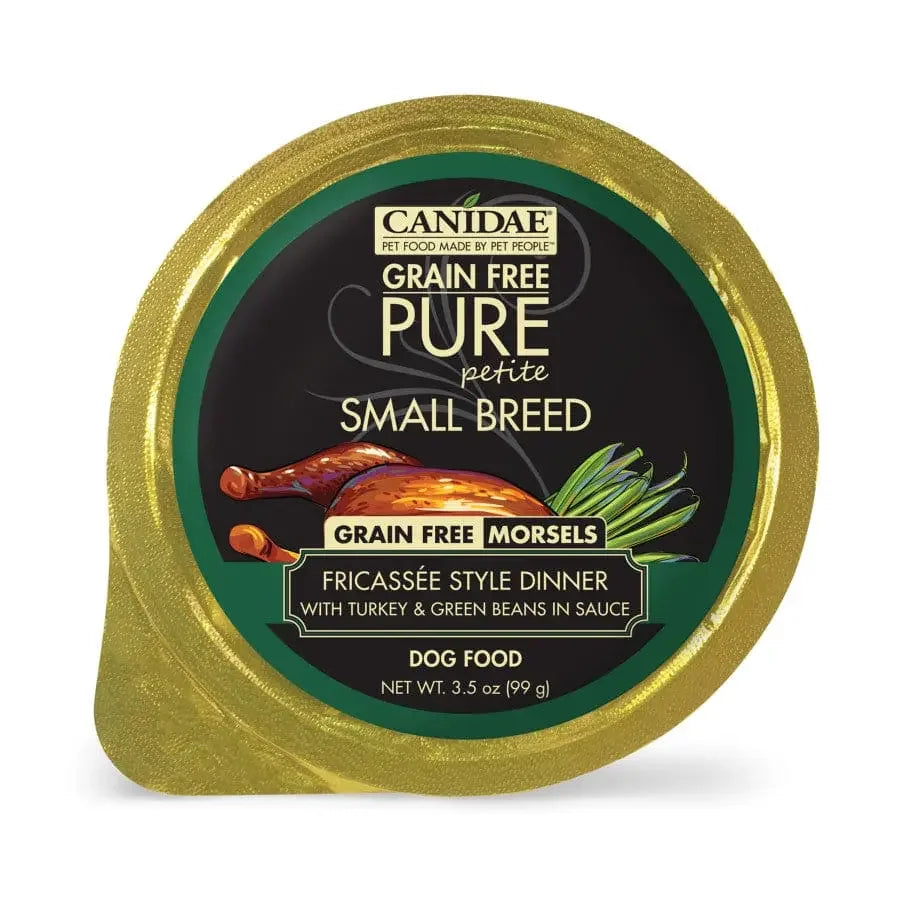 CANIDAE PURE Petite Small Breed Grain-Free Wet Dog Food, 3.5 oz—delicious fricassée style turkey & green beans in sauce with a gold lid, perfect for your small breed. Pack contains 12.
