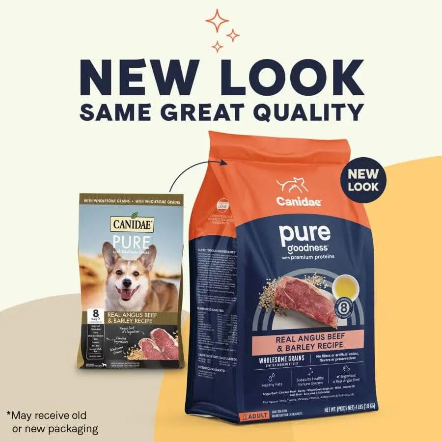 Two bags of CANIDAE PURE with Wholesome Grains Real Beef & Barley Recipe dry dog food are shown: one features a happy dog, the other has a new dark blue and orange design. Text says NEW LOOK SAME GREAT QUALITY. Ideal for those seeking wholesome grains.