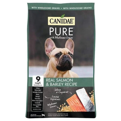 A bag of CANIDAE PURE with Wholesome Grains Real Salmon & Barley Recipe Dry Dog Food, featuring a French Bulldog and images of salmon fillets and barley on the front.
