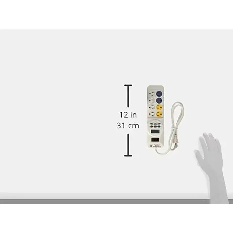 The image shows a Coralife Digital Power Center by Coralife, a white aquarium power strip with multiple outlets and a coiled cord mounted on a wall. A vertical arrow shows its height as 12 inches (31 cm), and a hand illustration on the right provides scale.