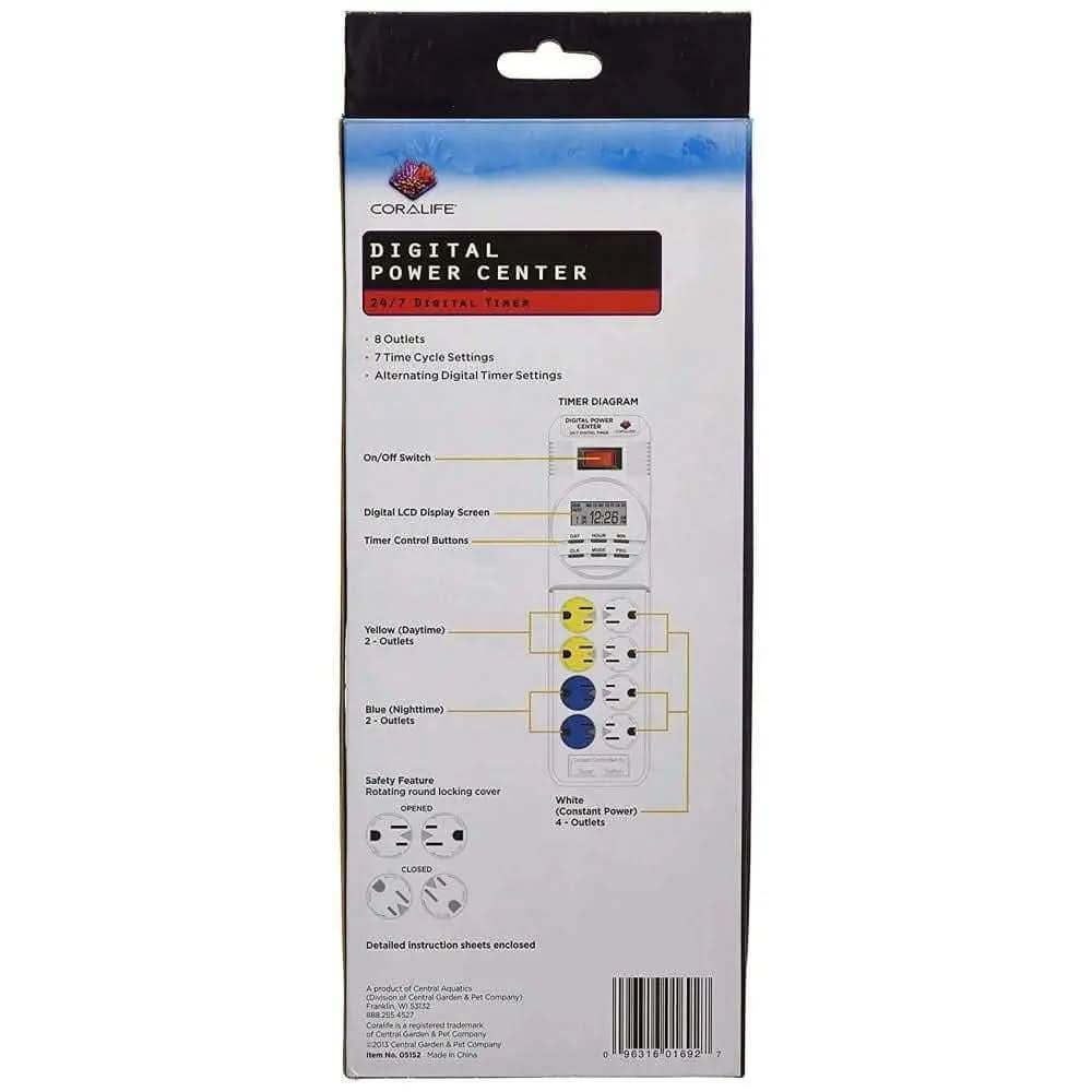 Back packaging of the Coralife Digital Power Center by Coralife, displaying features like 8 outlets, digital timer settings, LCD display, control buttons, outlet diagram, and safety information with text and images.