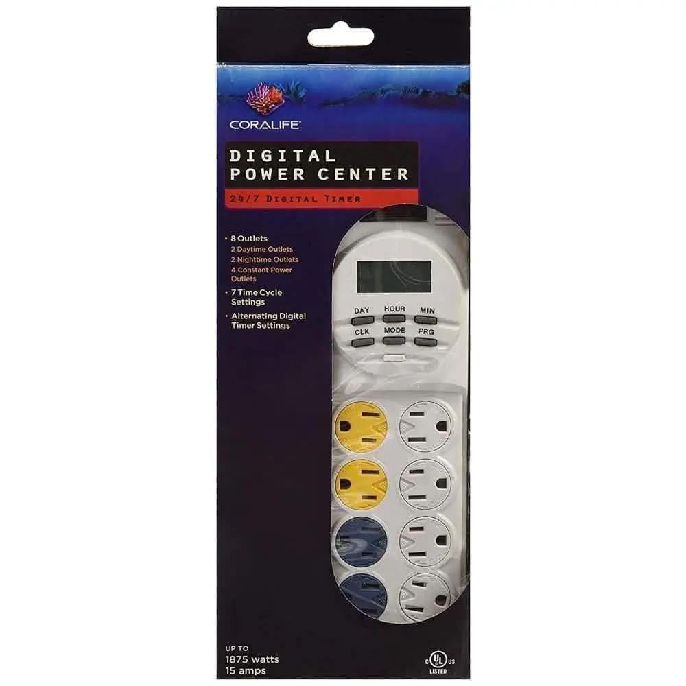 The Coralife Digital Power Center, by Coralife, features 8 outlets with 7 timing cycles for precise aquarium control. Its packaging highlights a digital timer display and labeled functions for easy operation.