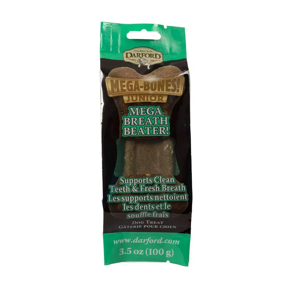 A green and black package of Darford® Mega Breath Beater! Jr. Flavor Dog Treat, 3.5 oz, designed to support clean teeth and fresh breath for dogs.