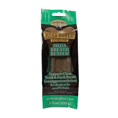 A green and black package of Darford® Mega Breath Beater! Jr. Flavor Dog Treat, 3.5 oz, designed to support clean teeth and fresh breath for dogs.
