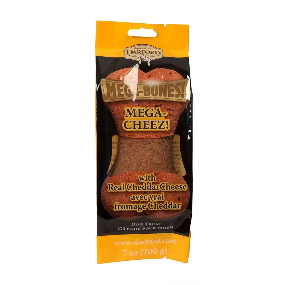 Darford® Mega-Cheez! Flavor Bone Dog Treat 7 Oz features a large, bone-shaped biscuit with real cheddar cheese, oven-baked and packaged in a yellow and black bag.