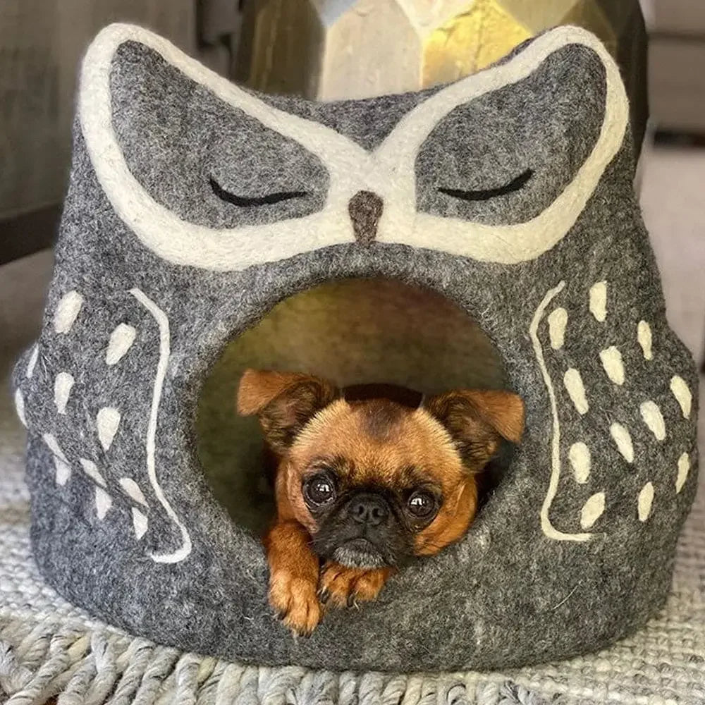 Dharma Dog Karma Cat Wool Pet Cave, Owl, Grey Small Dogs & Cat Bed Dharma Dog Karma Cat