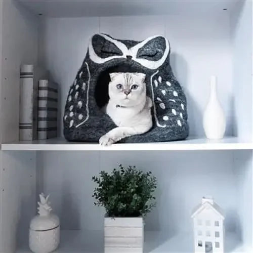Dharma Dog Karma Cat Wool Pet Cave, Owl, Grey Small Dogs & Cat Bed Dharma Dog Karma Cat