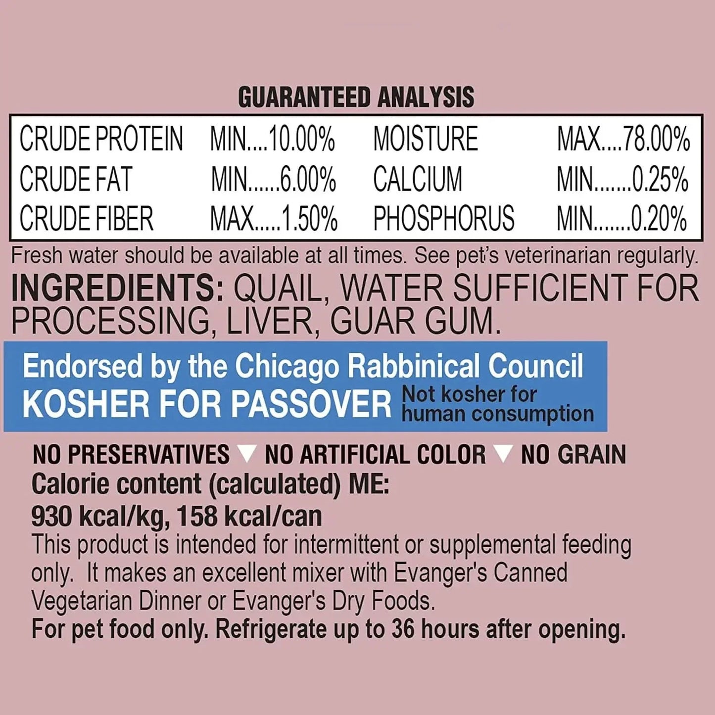 Evanger's Grain-Free Quail Canned Dog & Cat Food 24ea/6 oz Evanger's