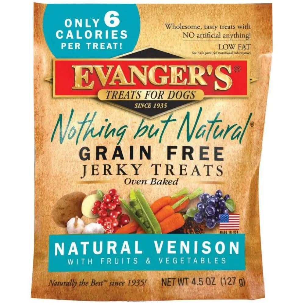 Evangers Nothing But Natural Venison Jerky Dog Treats 4.5 oz offer grain-free, oven-baked snacks with fruits and veggies, just 6 calories per treat, and an all-natural formula for healthy dogs.