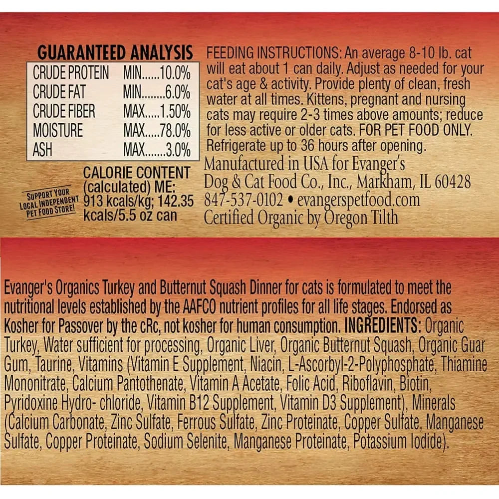 Evanger's Organics Turkey & Butternut Squash Dinner Canned Cat Food Evanger's