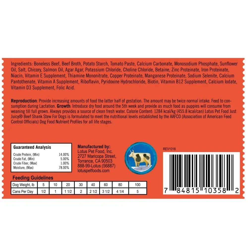 Lotus Just Juicy Beef Shank Stew Grain-Free Canned Dog Food Lotus