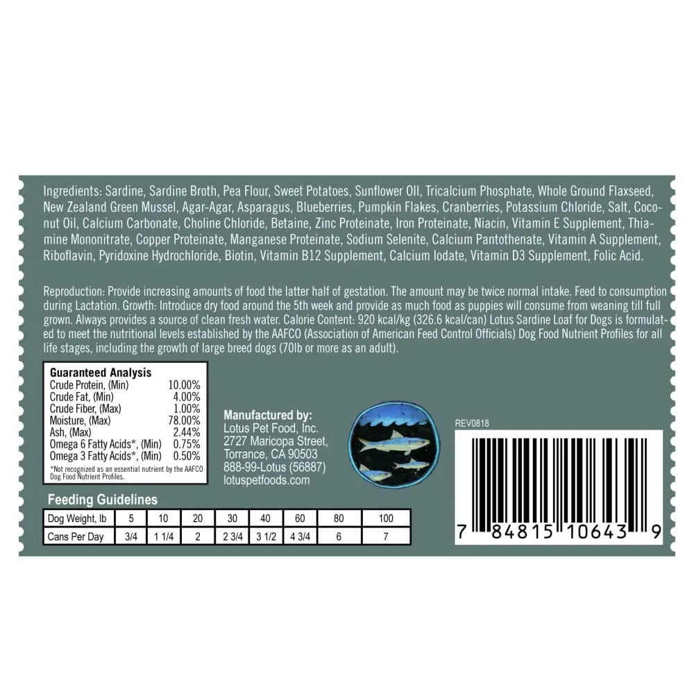 Lotus Sardine Loaf Grain-Free Canned Dog Food 12/12.5oz Lotus