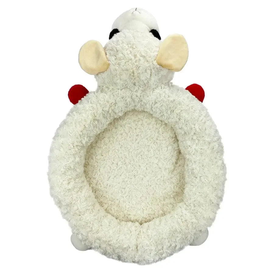 Close-up of the Multipet Lamb Chop dog bed with red detailing resembling a stuffed toy