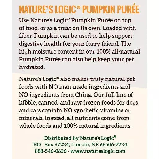 Nature's Logic Pumpkin Purée Dog & Cat Food Supplemen 15oz Case of 12 Nature's Logic