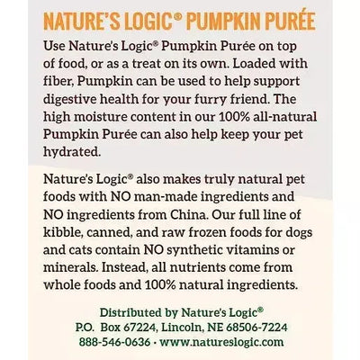 Nature's Logic Pumpkin Purée Dog & Cat Food Supplemen 15oz Case of 12 Nature's Logic
