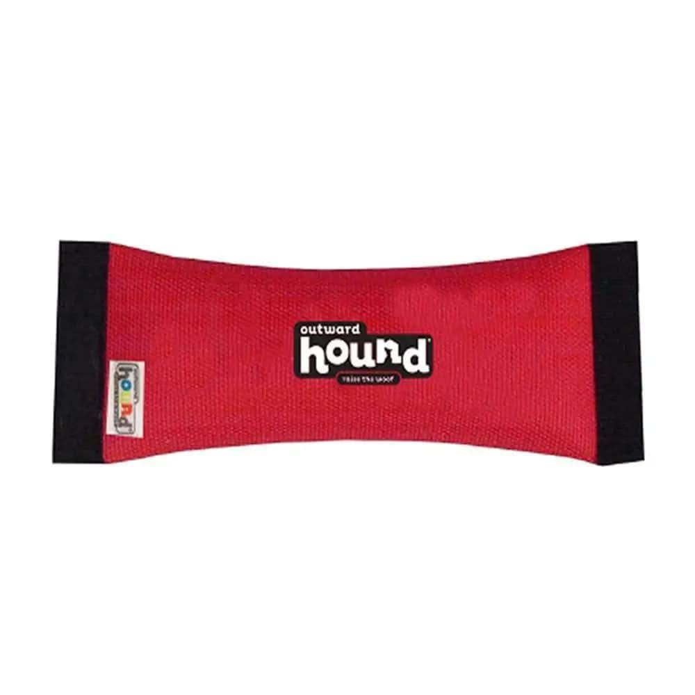The Outward Hound® Firehose Fetch Squeak N Dog Toys Medium is a red toy with black ends and a central black label featuring the brands name—ideal for tough chewers who need a durable dog toy.