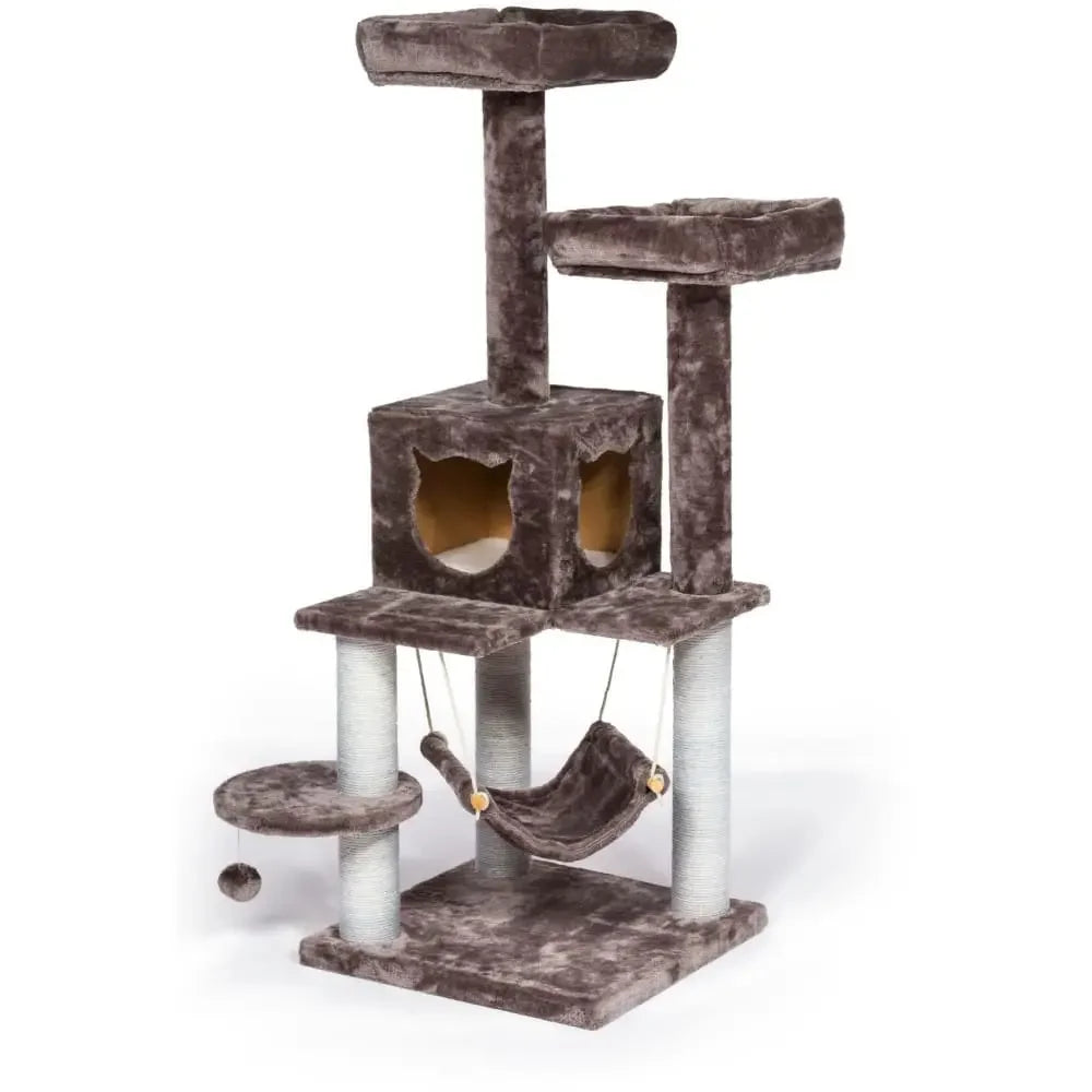 The Prevue Pet Products Kitty Power Paws Plush Party Tower by Prevue Pet features scratching posts, platforms, a cubed hideaway, a hammock, a dangling toy ball, and plush covering—ideal cat furniture for playful pets.